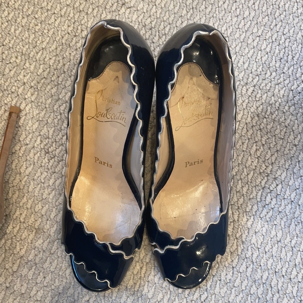 Authentic Christian Loubiton Blue Patent Leather peep toe Scalloped Wedges